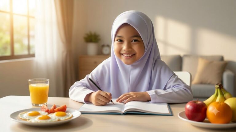 Anak Malaysia belajar selepas menikmati makanan seimbang